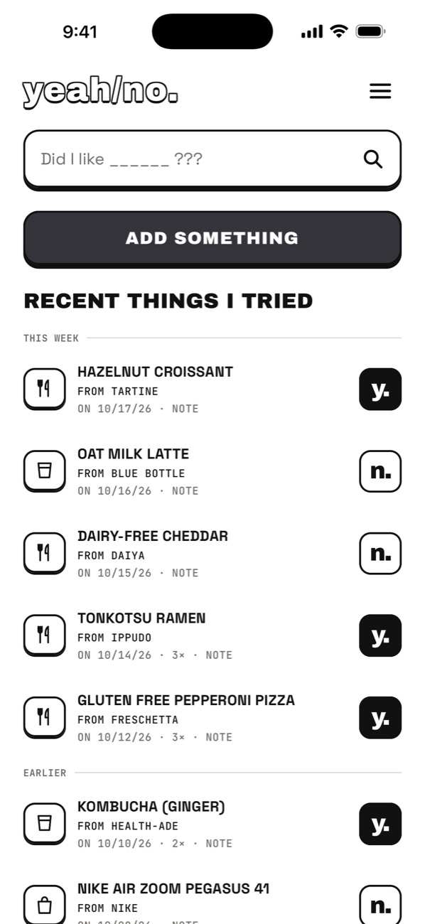 Home — search, Add Something and recent things tried, each marked y. or n.