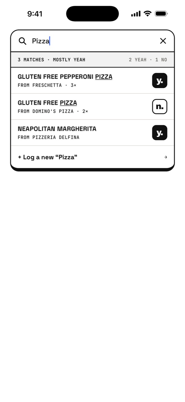 Search for pizza — 3 matches, mostly yeah