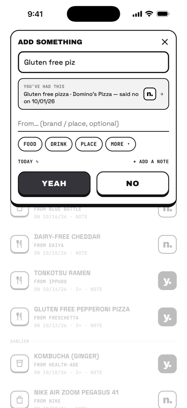 Adding gluten free pizza — the app warns you said no last time
